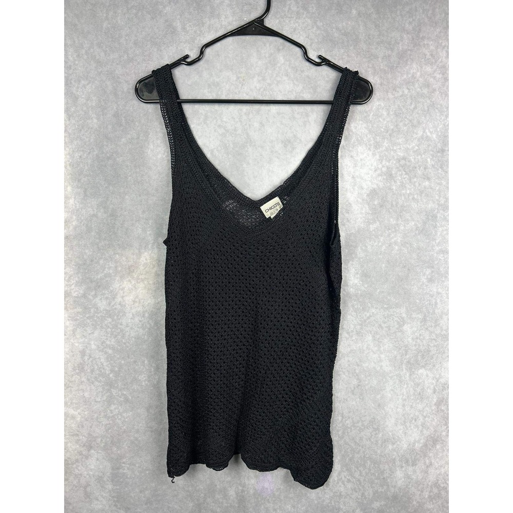 Chicos Black Knit V Neck Tank Top Sleeveless Sweater Mesh‎ Size 3